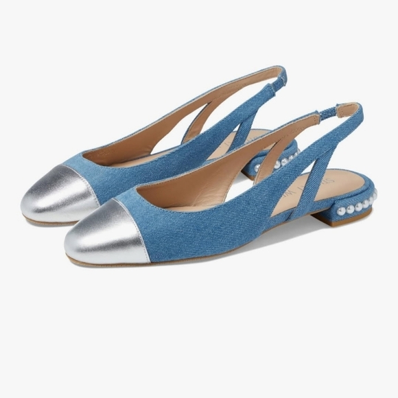 Stuart Weitzman Women’s Pearl Slingback Flats Denim Silver Toe Cap Size 9.5 - Picture 1 of 10